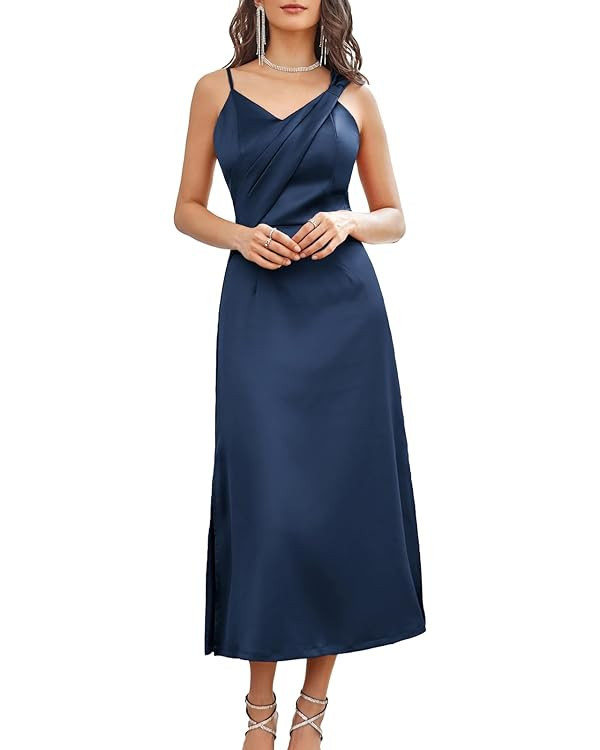 GRACE KARIN Women's 2023 Satin A Line Midi Dress Asymmetric Straps V Neck Slit Cocktail Party Wed... | Amazon (US)