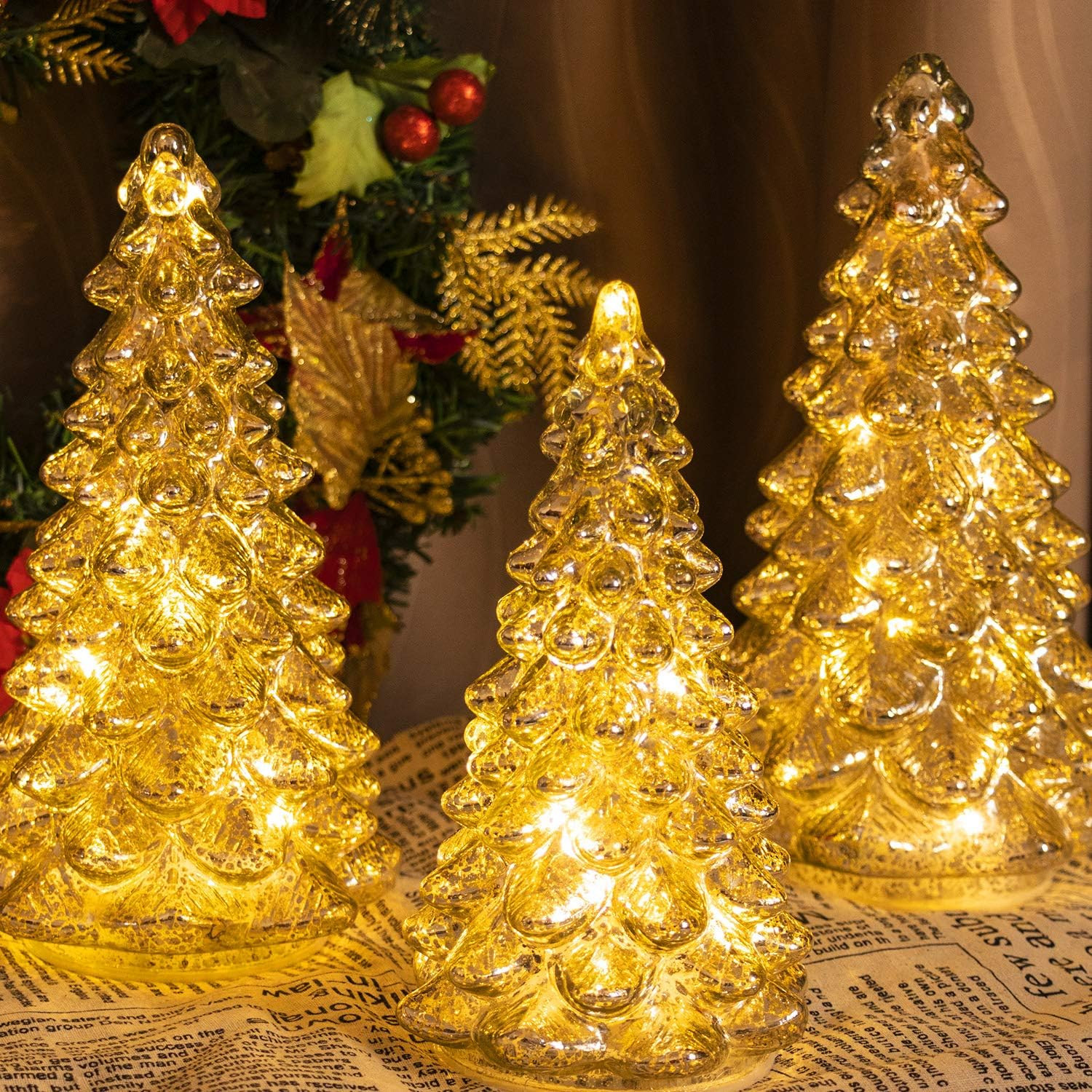 KI Store Lighted Glass Christmas Tree Figurine with Timer Set of 3 Mercury Glass Christmas Decoration Battery Operated for Centerpieces Window Tabletop Mantel | Amazon (US)