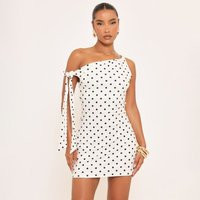 Off The Shoulder Tie Detail Asymmetric Mini Dress In White Polka Dot, Women's Size UK Large L | EGO (UK)