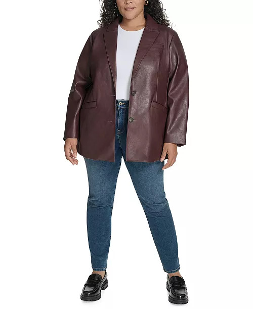 Plus Size Faux-Leather Peak-Lapel Jacket | Macy's