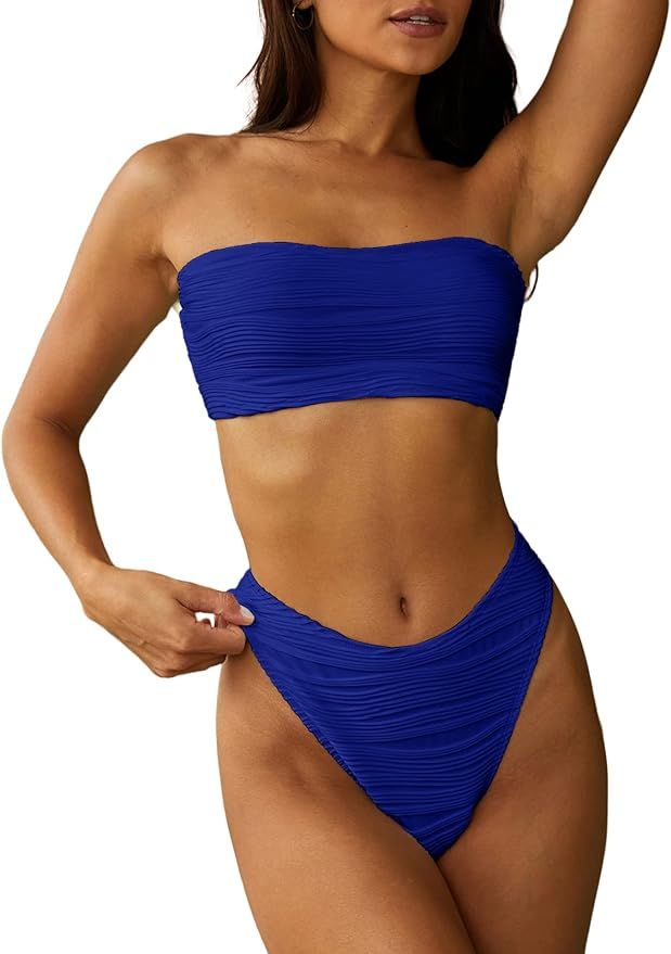 ZAFUL Women 2 Piece Bandeau Swimsuits Ribbed Lace up Strapless Bandeau Bikini Set High Cut Bathin... | Amazon (US)