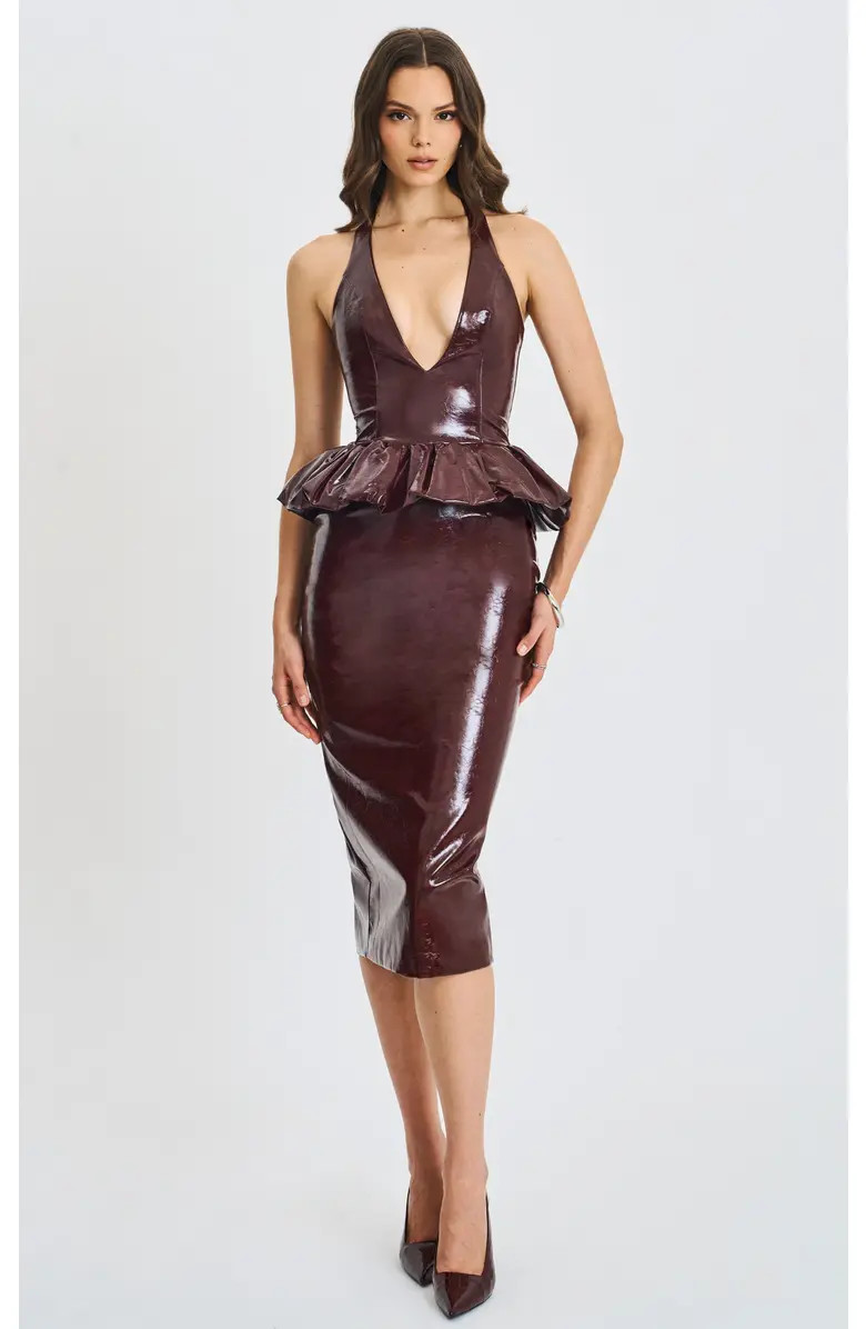 Jaslene Ruched Peplum Plunge Halter Midi Dress | Nordstrom