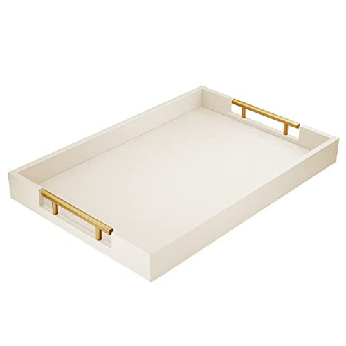 ATZYmolin 17" x 12" Wood Serving Tray with Gold Polished Metal Handles, Home Decorative Wooden Rectangle Ottoman Leather Decor Platter Bathroom Vanity Tray for All Occasions White | Amazon (US)