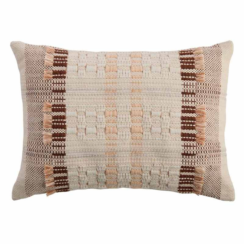 Mahogany & Sand Stitch Woven Lumbar Outdoor Throw Pillow with Fringe, 14x20 | At Home
