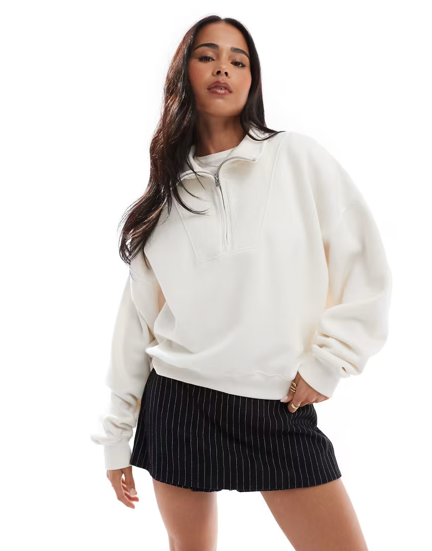 Hollister oversized ribbed half zip sweat top in white | ASOS (Global)