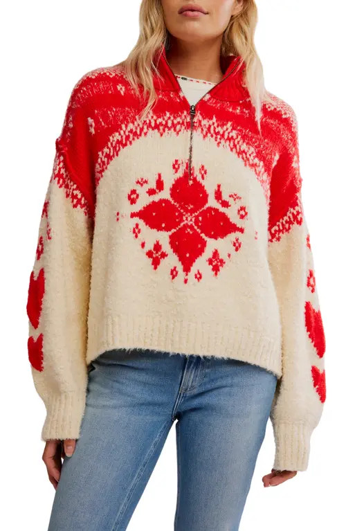 Free People Mythical Half Zip Pullover in Vanilla Scarlet Comb at Nordstrom, Size Large | Nordstrom