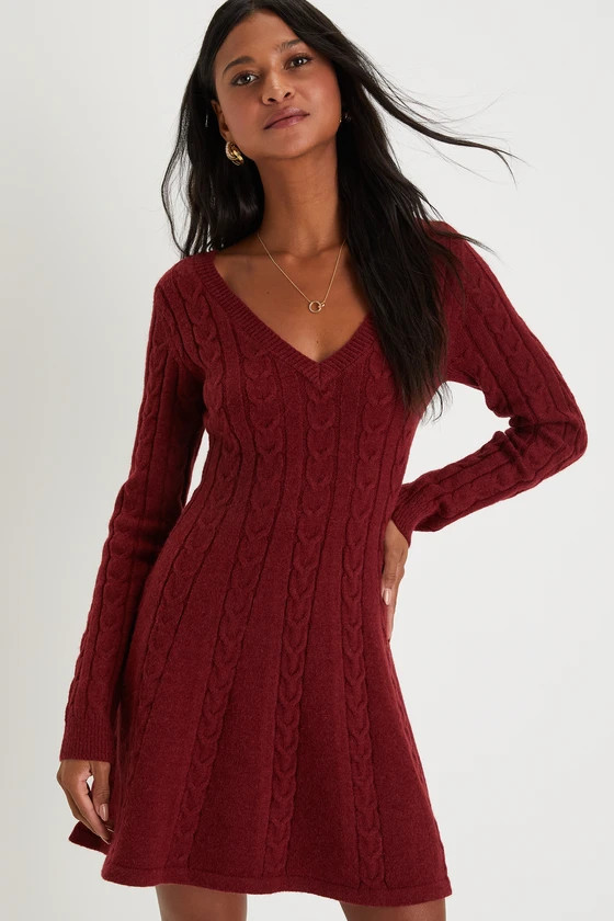 Sweetly Seasonal Burgundy Cable Knit Sweater Mini Dress | Lulus