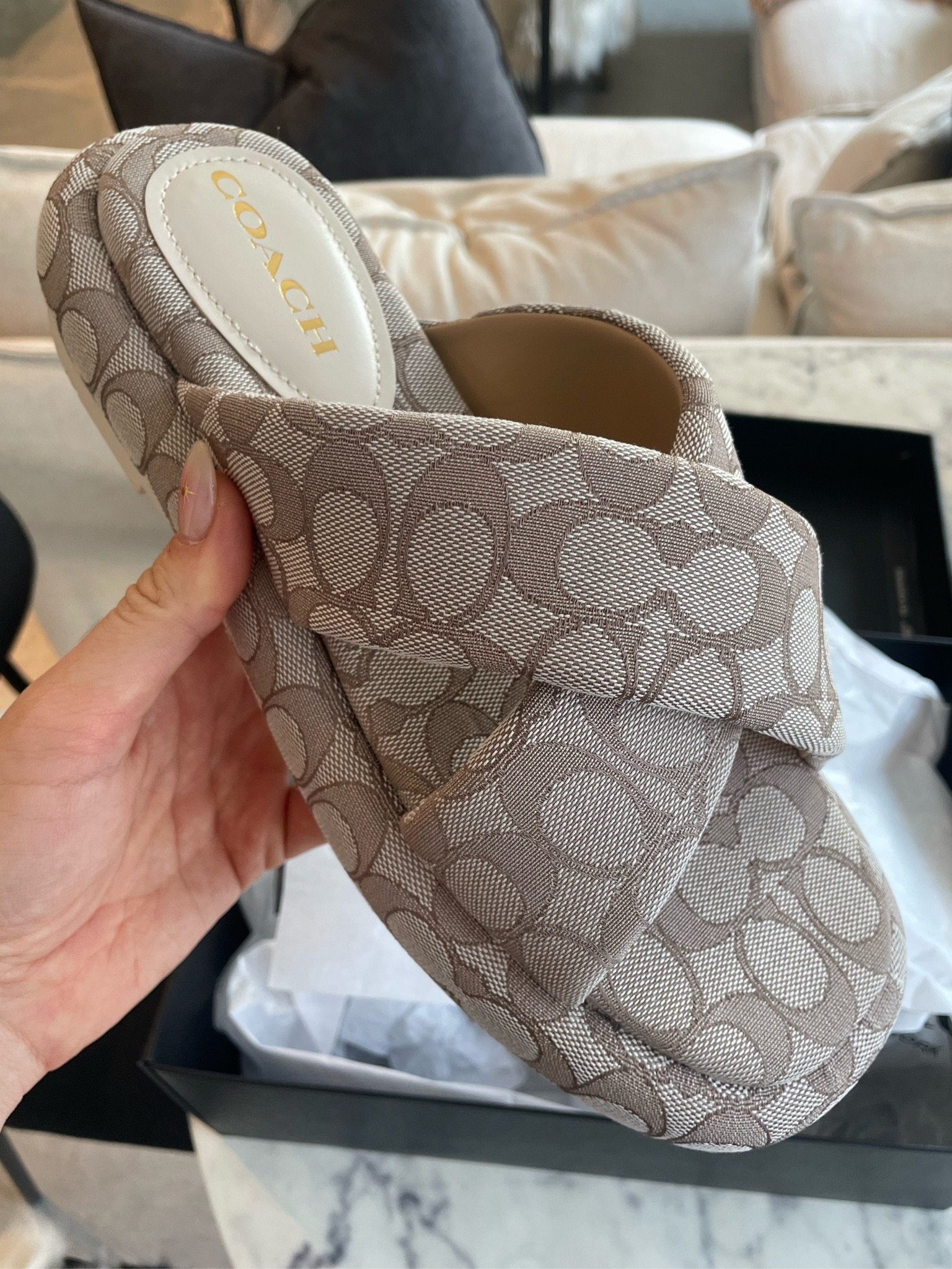 Hi besties - I just got in these coach slides that are literal Perfection they’re really padded and actually comfortable, true to size and have the most gorgeous pattern. 

Some are comparing the look to a Gucci slide which I can see, but I do have those as well and can confirm the coach ones are much more comfy for every day and even work!! This is the lightest stone color and it’s the perfect neutral. (As you can see, they’re closer to the colors shown on Zappos.com - they look much lighter than they really are at Nordstrom!)

They’re selling out quick, and they’re $20 cheaper at Nordstrom!

#LTKshoecrush