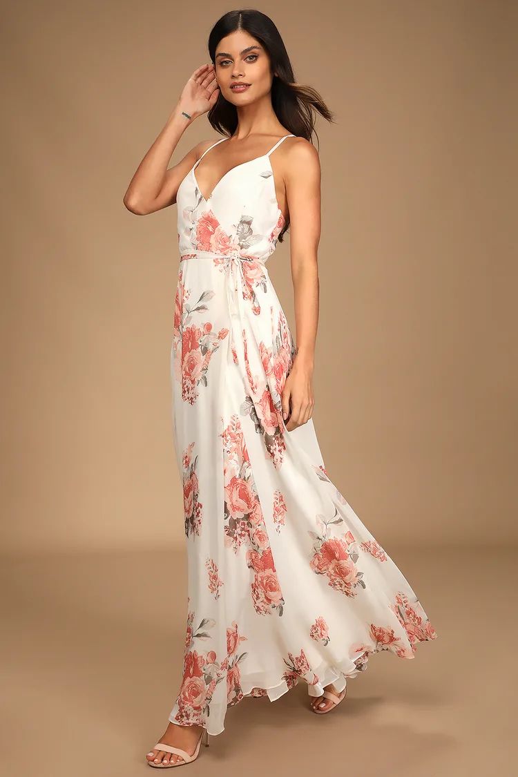 Elegantly Inclined Cream Floral Print Wrap Maxi Dress | Lulus