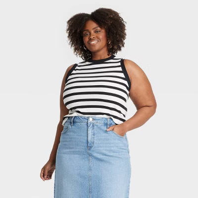 Women's Ribbed Tank Top - Ava & Viv™ Black/White Striped XXL: Pullover, Below Waist | Target