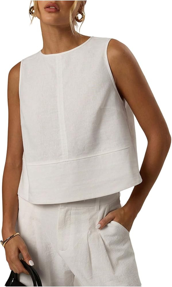 MakeMeChic Women's Linen Shirts Dressy Tops Summer Crop Tank Tops Sleeveless Blouse Work Shirts W... | Amazon (US)