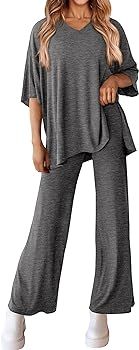 MASCOMODA Womens Summer 2 Piece Outfits Short Sleeve V Neck Tops Wide Leg Long Pants Casual Track... | Amazon (US)