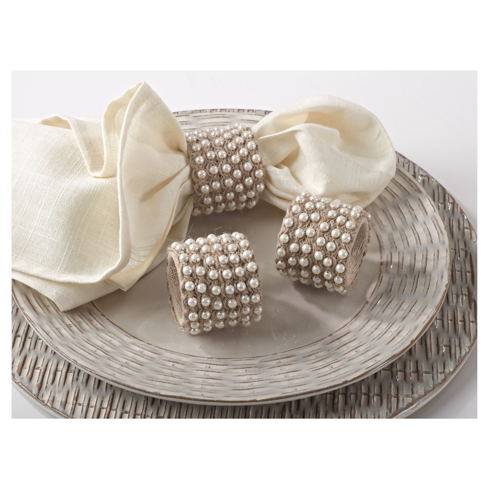 Jute with Pearls Napkins Rings - Natural (Set of 4), Tan | Target