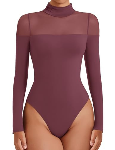 Avidlove Womens Mesh Bodysuit Long Sleeve Double Lined Turtle Neck Body Suits Thong (Purple Red, XXL) | Amazon (US)