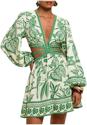 Floerns Women's Tropical Bishop Sleeve Mini Dress Cut Out Tie Back V Neck Beach A Line Dresses | Amazon (US)