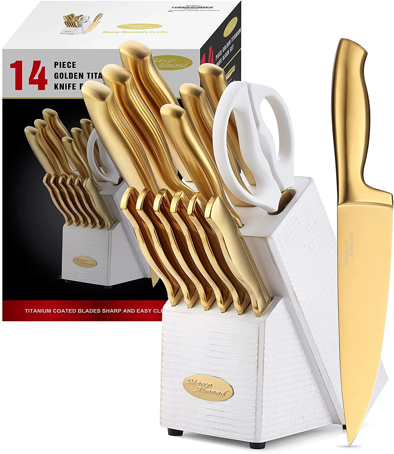 Marco Almond MA21 14-Piece Knife Set with Block Golden Kitchen Knife Block Set Stainless Steel - ... | Walmart (US)