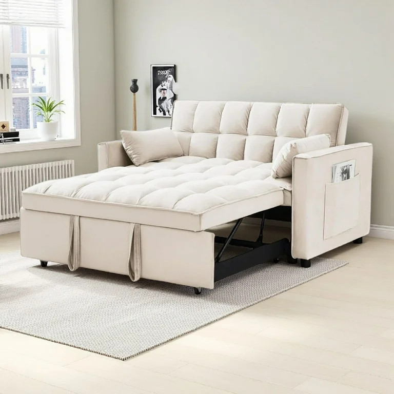 Vinform 54" 3 in 1 Convertible Sleeper Sofa Bed, Pull Out Loveseat Couch with Storage Pocket, Bei... | Walmart (US)