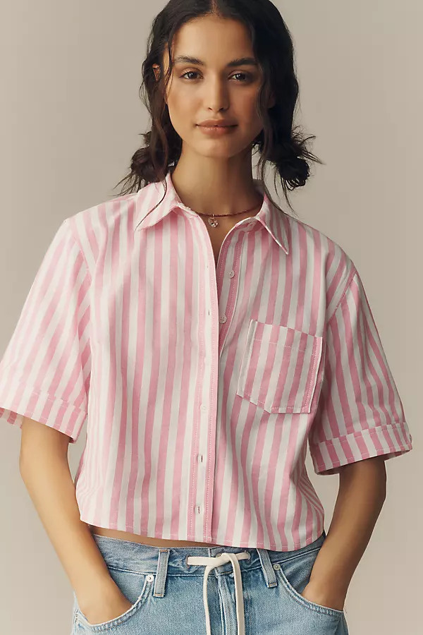 Merritt Short-Sleeve Cropped Buttondown Shirt by Maeve | Anthropologie (US)