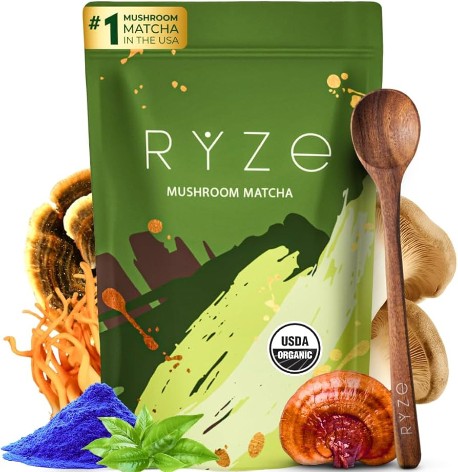 RYZE SUPERFOODS Mushroom Matcha Starter Kit, USDA Organic with 6 Adaptogenic Mushrooms and Ceremo... | Amazon (US)