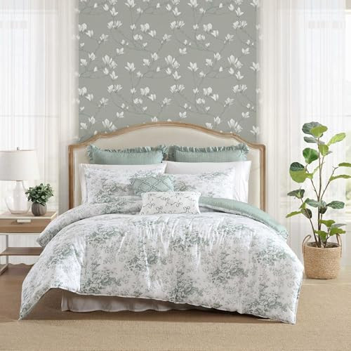 Laura Ashley - Twin Comforter Set, Premium Cotton Bedding with Matching Shams & Bonus Decorative Pillow Covers, Floral Home Decor, Oeko-Tex Certified (Toile Delight Green, Twin) | Amazon (US)