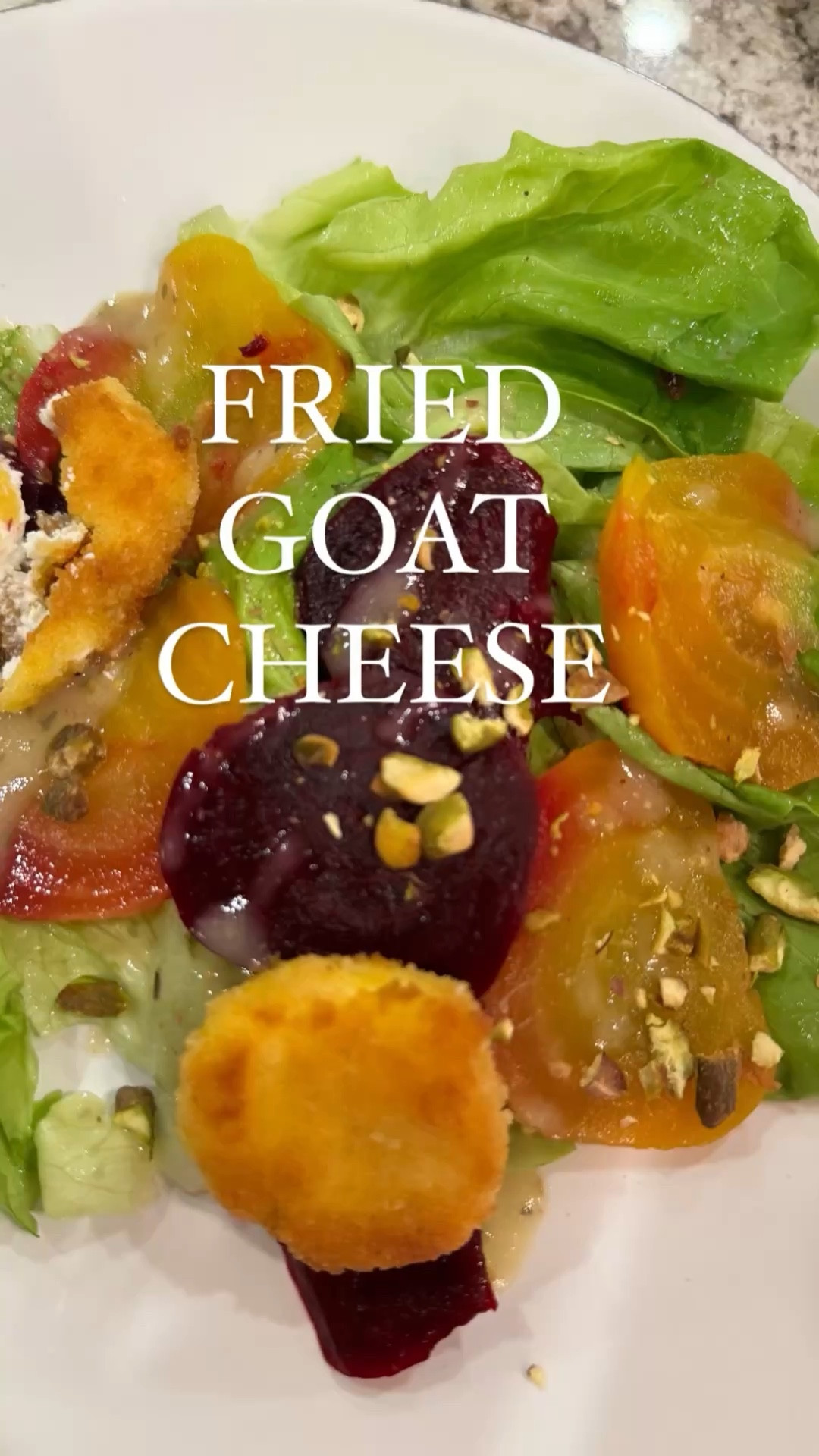 Fried Goat Cheese
(Measurements are relative)
Goat cheese 
Bread crumbs 
Eggs 
Olive oil 

Cut up goat cheese into cubes and then roll them into a disc/puck shape. Cover goat cheese in the egg mixture and coat well in the bread crumbs. In a sauté pan over medium/low heat, heat up some olive oil and then place your breaded goat cheese in the pan- undisturbed- for about 1 min or until golden brown and repeat on the other side. 

*make sure the goat cheese is cold when working with it. If you want to pre shape your discs, do so and then refrigerate them until you’re ready to cook them so they don’t melt and lose their shape in the pan*
