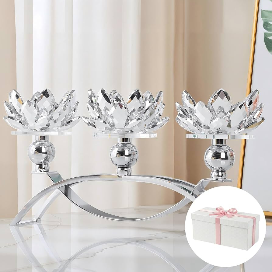 Crystal Candle Holder, 5.6" Tall Silver Centerpieces for Tables, 3-Arm Lotus Candelabra, Home Dec... | Amazon (US)