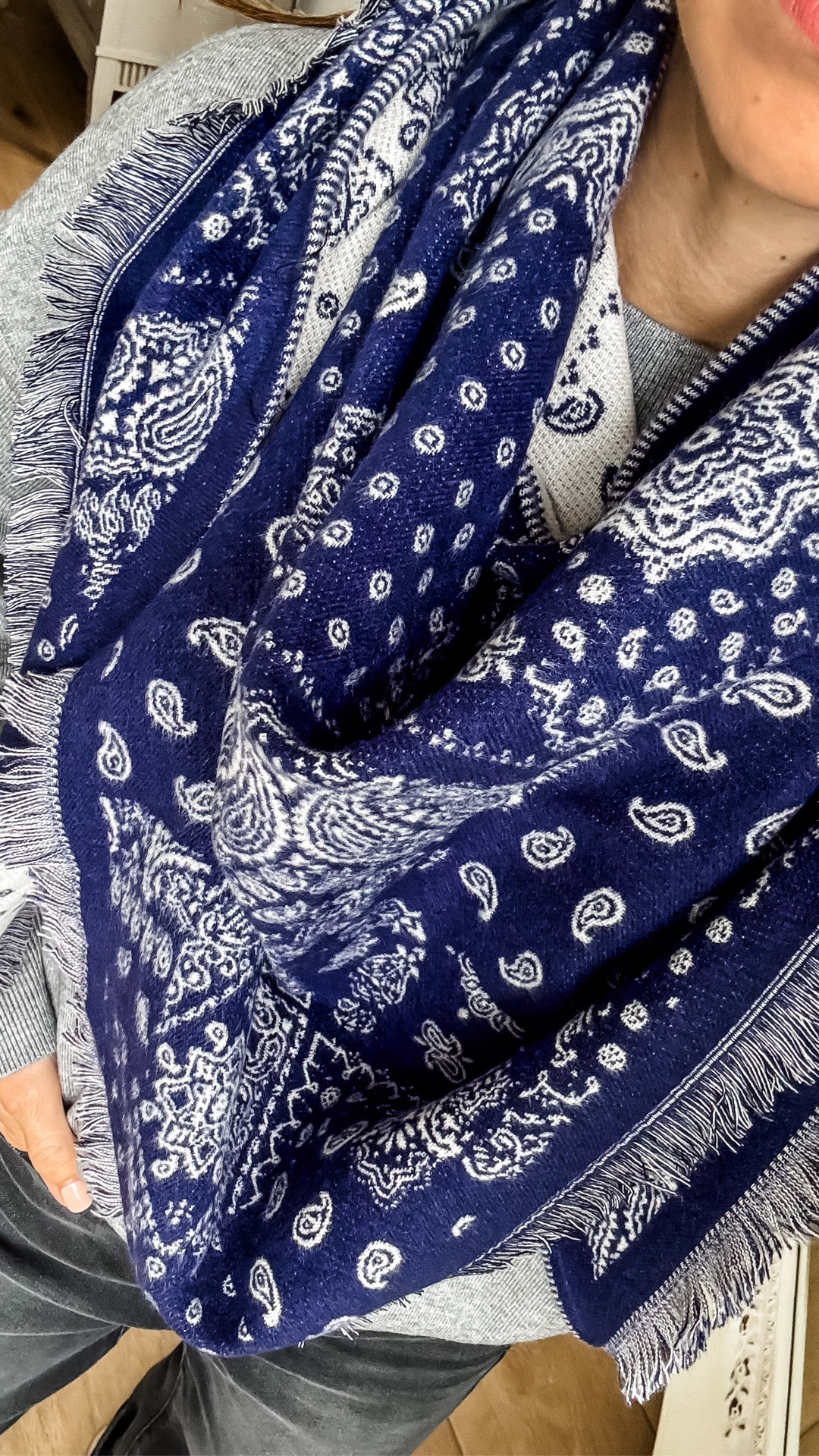 Small sweater. Jeans, 25. Scarf, bandana scarf, scarves.

#LTKOver40