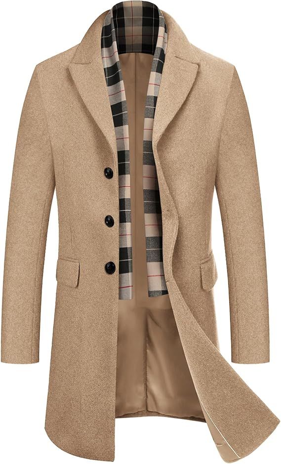 COOFANDY Men's Wool Blend Coat with Detachable Plaid Scarfs Notched Collar Single Breasted Pea Co... | Amazon (US)