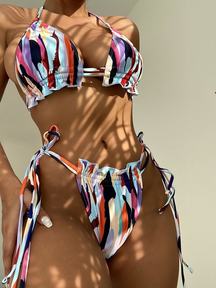 Allover Graphic Triangle Thong Bikini Swimsuit | SHEIN