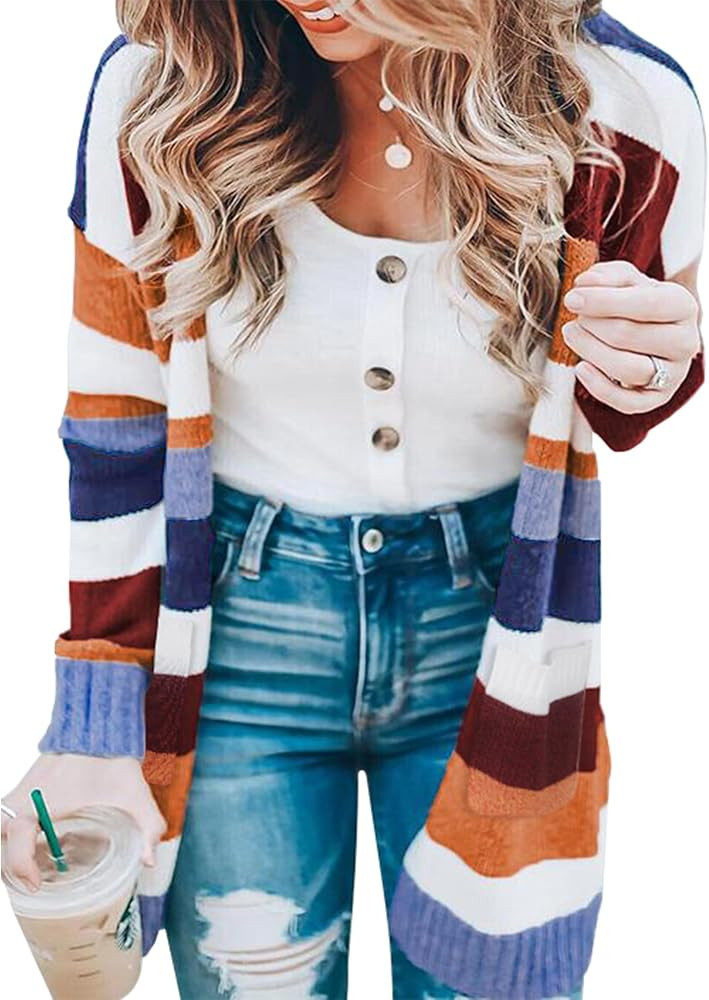 ECOWISH Long Women Sweater Cardigan Knitted Striped Long Sleeve Open Front | Amazon (US)