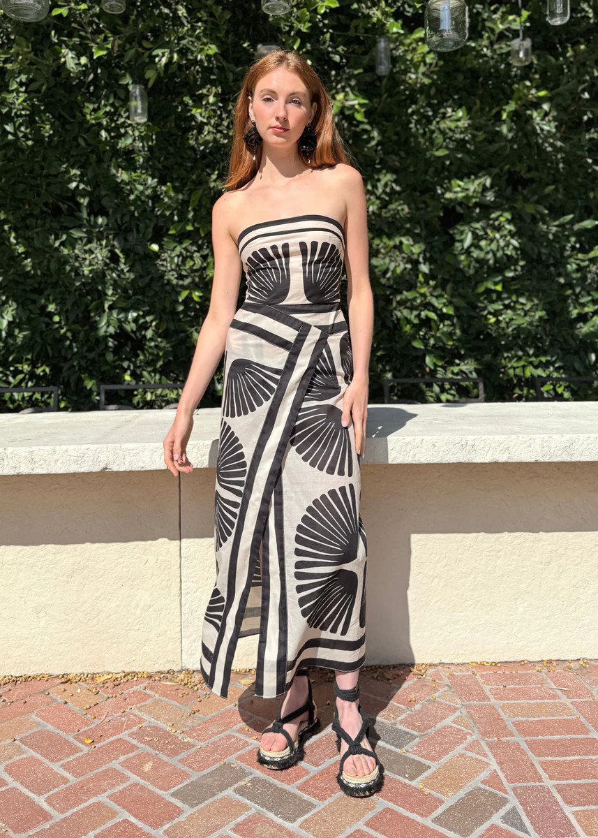 Yasmine Palm Leaf Printed Strapless Wrap Midi Dress - Black and Cream | Benaar La