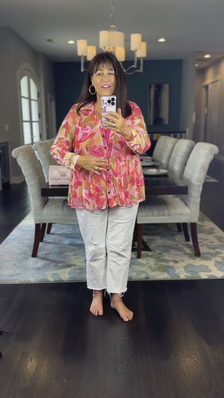 Terra and sky pink floral two piece top with white jeans for summer. 

#walmart
#plussizeoutfit

#LTKplussize #LTKfindsunder50