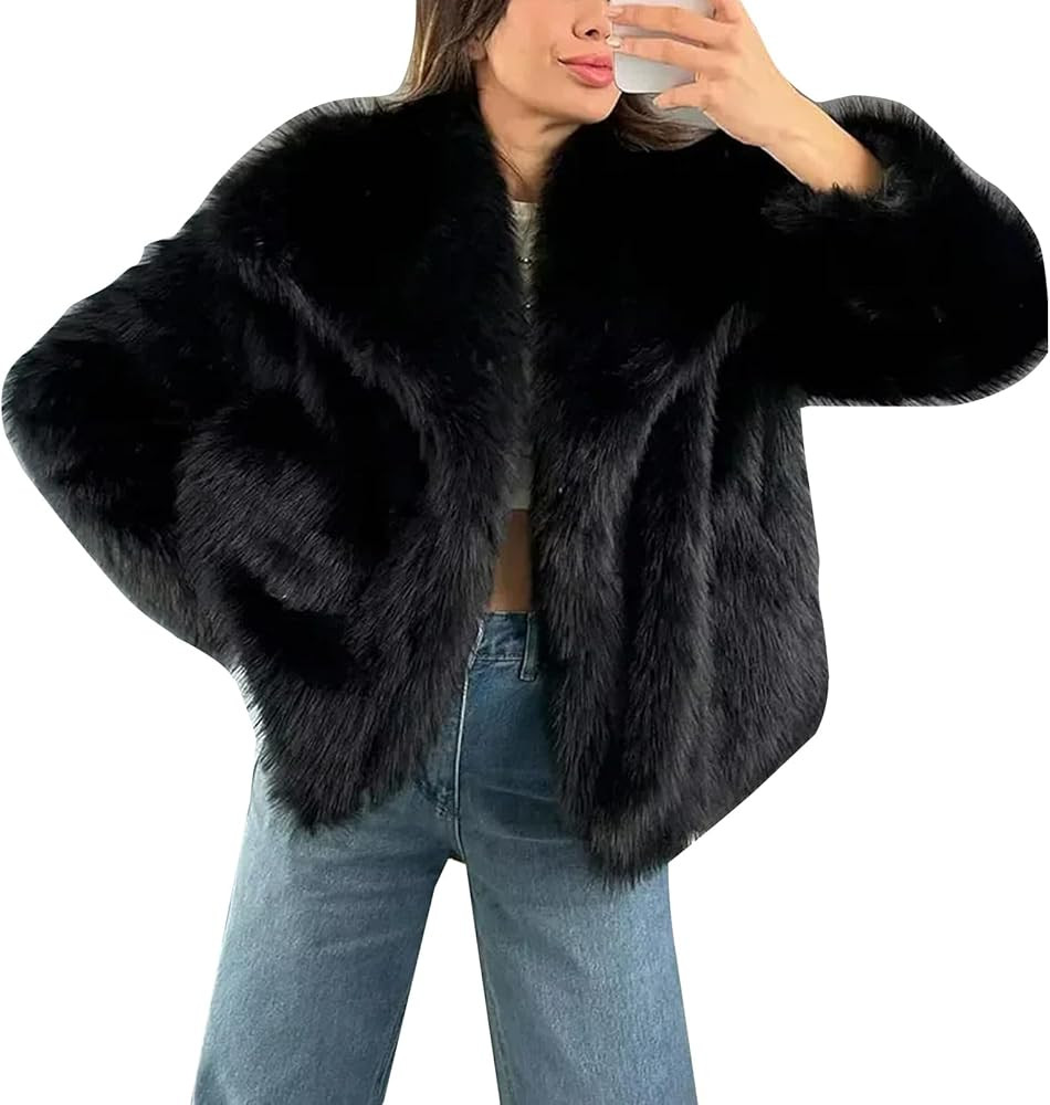 COZYPOIN Womens Faux Fur Jacket Fluffy Fur Cropped Coat Long Sleeve Open Front Fur Cape | Amazon (US)