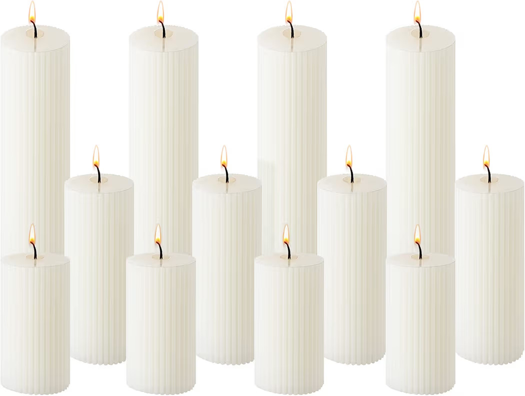 Set of 12 Ribbed Pillar Candles Soy Wax Home Decor Modern White Candles with Cotton Wick for Wedd... | Amazon (US)