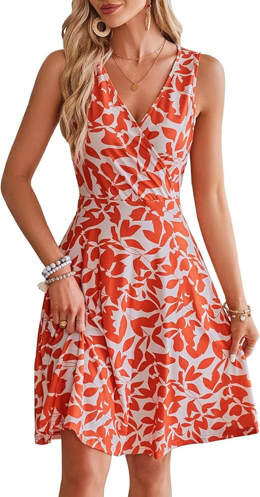 Naggoo Sundresses for Women Summer Casual Faux Wrap V Neck Floral Short Tank Dress with Pockets | Amazon (US)