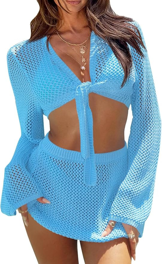 Fisoew Womens Crochet Swimsuit Coverups 2 Piece Bathing Suit Cover Up Long Sleeve Tie Front Crop ... | Amazon (US)