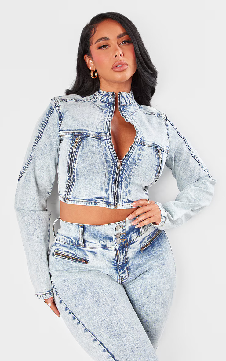 Shape Light Blue Denim Cropped Fitted Jacket | PrettyLittleThing US