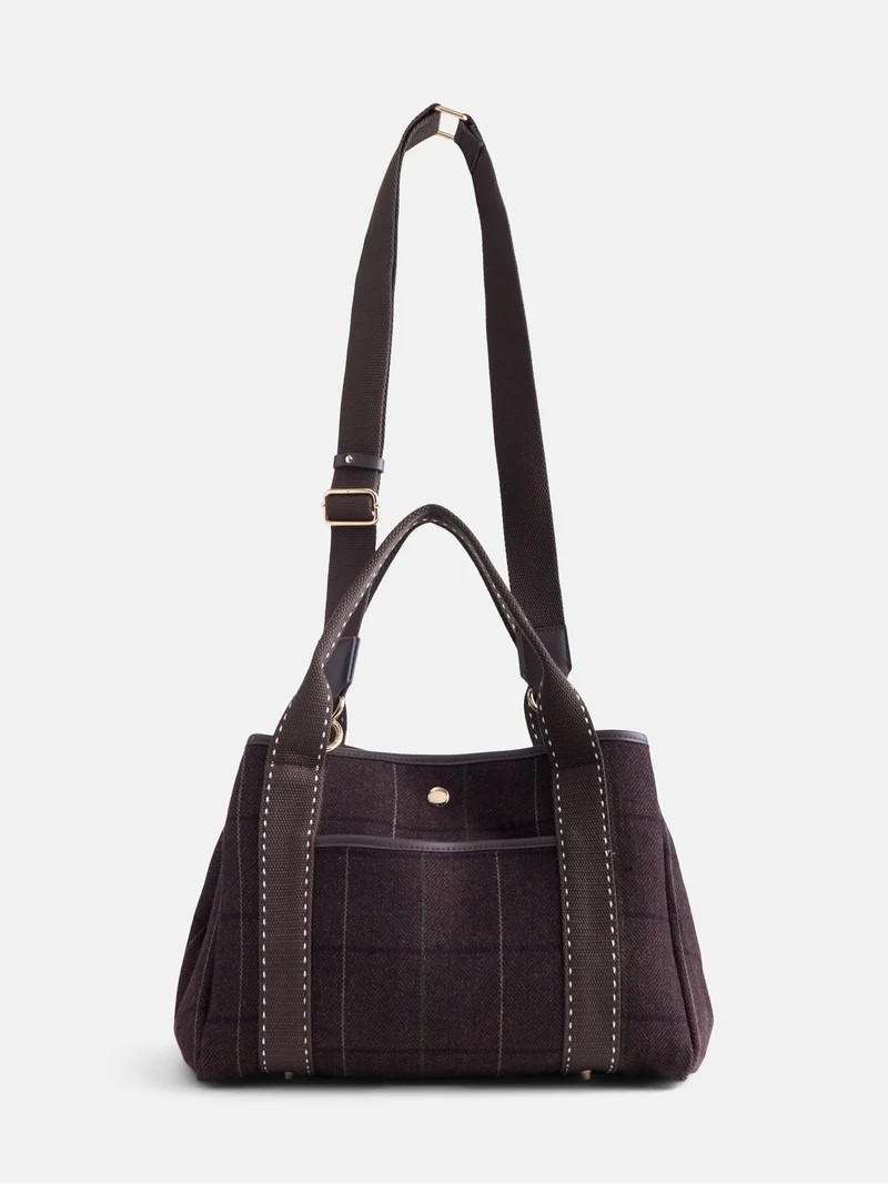 Free Assembly Women\u2019s Plaid Medium Tote Handbag, Dark Brown | Walmart (US)