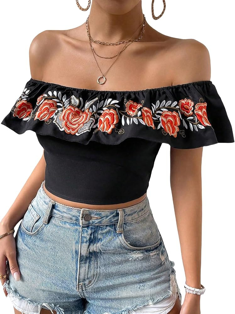 MakeMeChic Women's Floral Embroidered Off Shoulder Ruffle Trim Crop Top Blouse Shirt | Amazon (US)