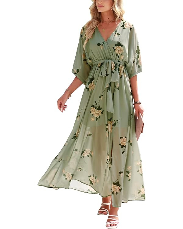 ANRABESS Women’s Summer Loose Boho Flowy Wrap V Neck 3/4 Sleeve Floral Print Slit Beach Wedding... | Amazon (US)
