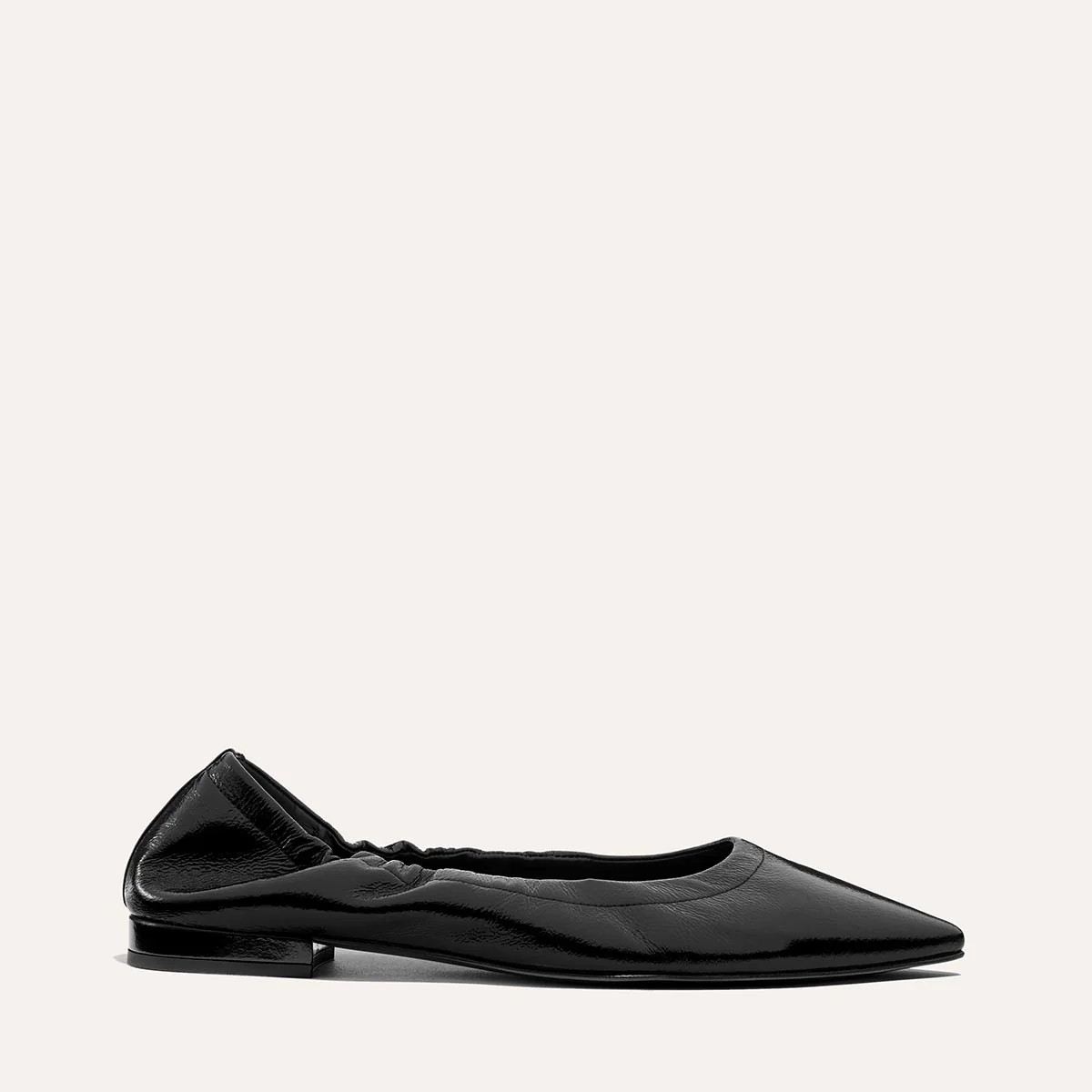 Black Pointed Toe Ballet Flat in Crinkle Patent Leather | The Roma | Margaux
