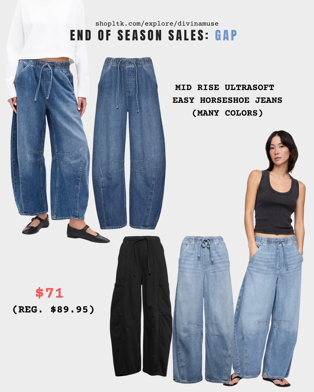 GAP mid-rise pull-on denim jeans (bestseller) — now 40% off. These comfortable jeans come in regular, tall, and petite (we love an inclusive brand). I gravitate toward horseshoe, barrel, or wide-leg denim because the volume through the legs balances my broad shoulders and straight frame. It creates a flattering silhouette without looking bulky.

These pull-on jeans are lighter, softer, and way more comfortable than traditional denim. They have stretch at the waist, break in faster, and mold to your body over time — perfect if you’re sensitive to stiff jeans but still want denim in your closet. Made with soft cotton blends (cotton, lyocell, recycled cotton) and available in multiple washes and colors. #comfyjeans #pullonpants #pullupjeans  

 #LTKSaleAlert #LTKMidsize #LTKTall