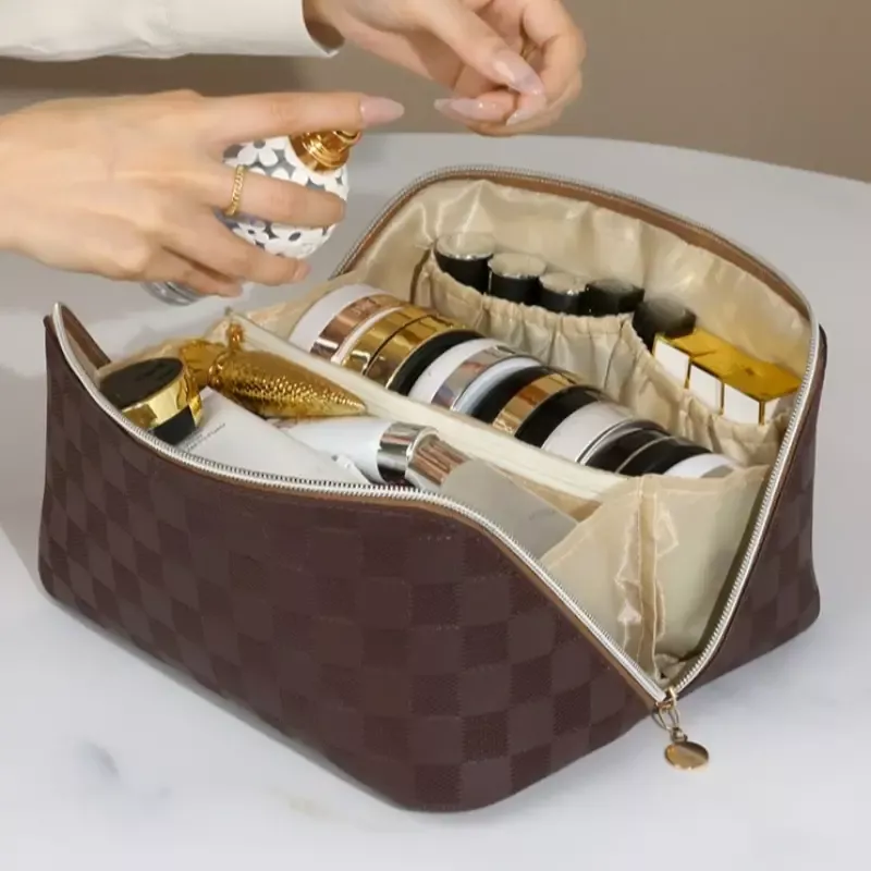Toiletry Women's Pillow Cosmetic Bag Plaid Makeup Pouch Toiletries  Organizer Large Capacity Storage Bags Pu Leather Hangbag Tote - Cosmetic  Bags & Cases - AliExpress