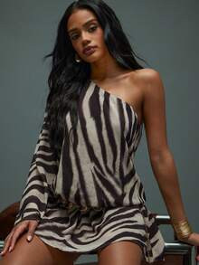 Hauture Women's Sexy Boho One Shoulder Long Sleeves Elastic Waisted Zebra Printed Chiffon Mini Dr... | SHEIN