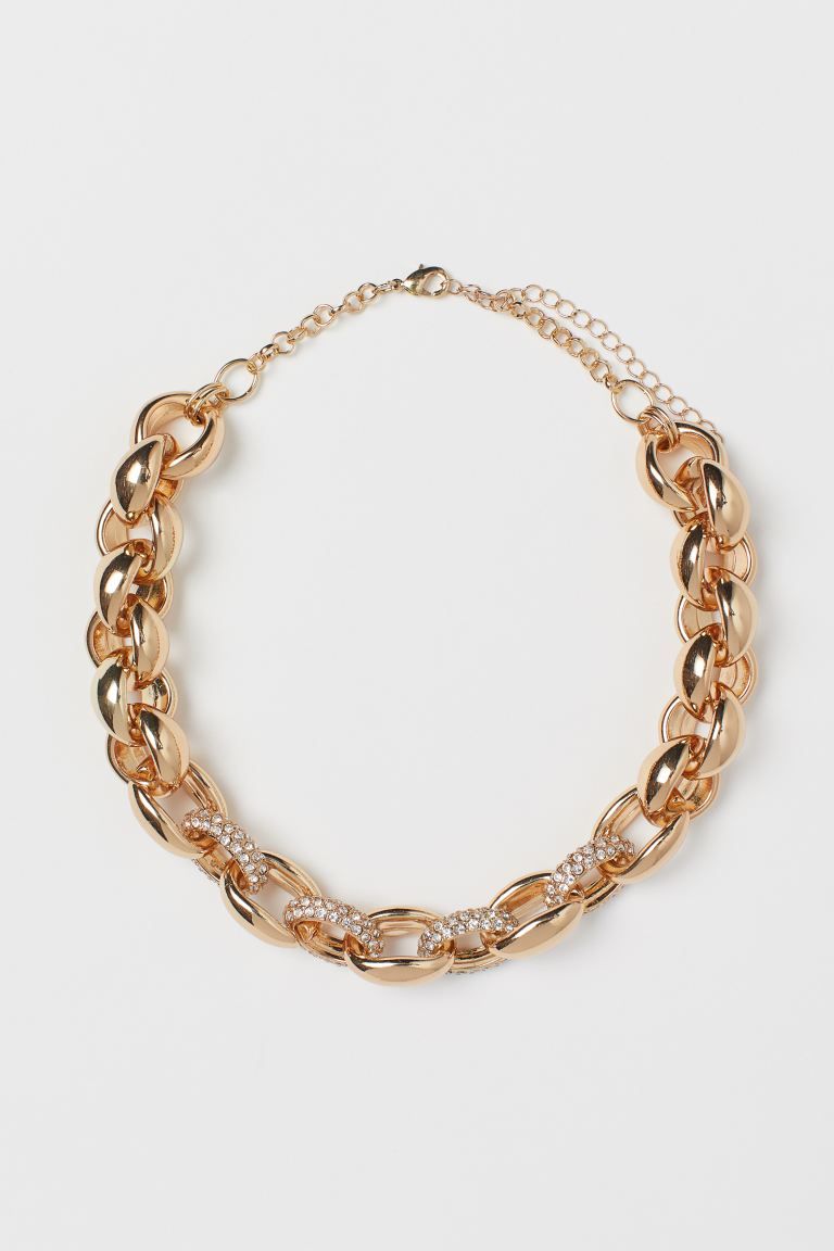 Chunky metal chain necklace with some links containing inset rhinestones. Adjustable length 31-41... | H&M (US + CA)