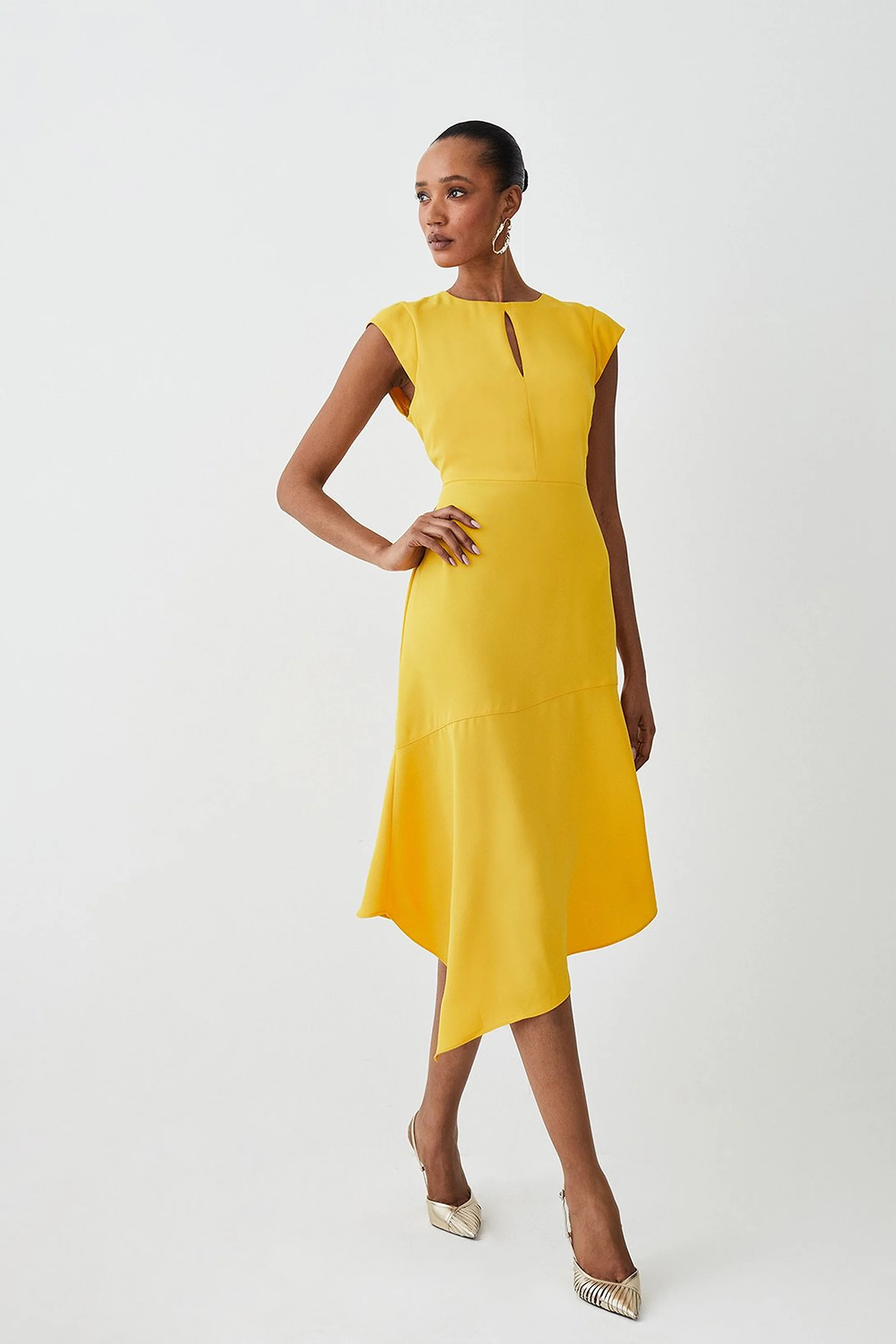 Soft Tailored Key Hole Cap Sleeve High Low Midi Dress | Karen Millen US