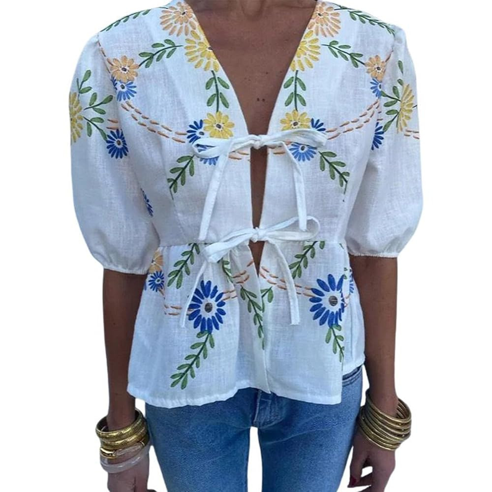 utcoco Womens Y2K Puff Sleeve Tie Front Peplum Babydoll Shirts Lace Up Blouses Cute Summer Going ... | Amazon (US)