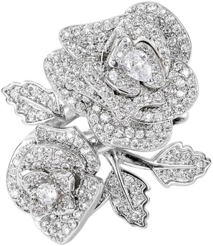 Double Camellia Flower Cubic Zirconia Open Adjustable Statement Rings for Women Dainty Luxury 18K... | Amazon (US)