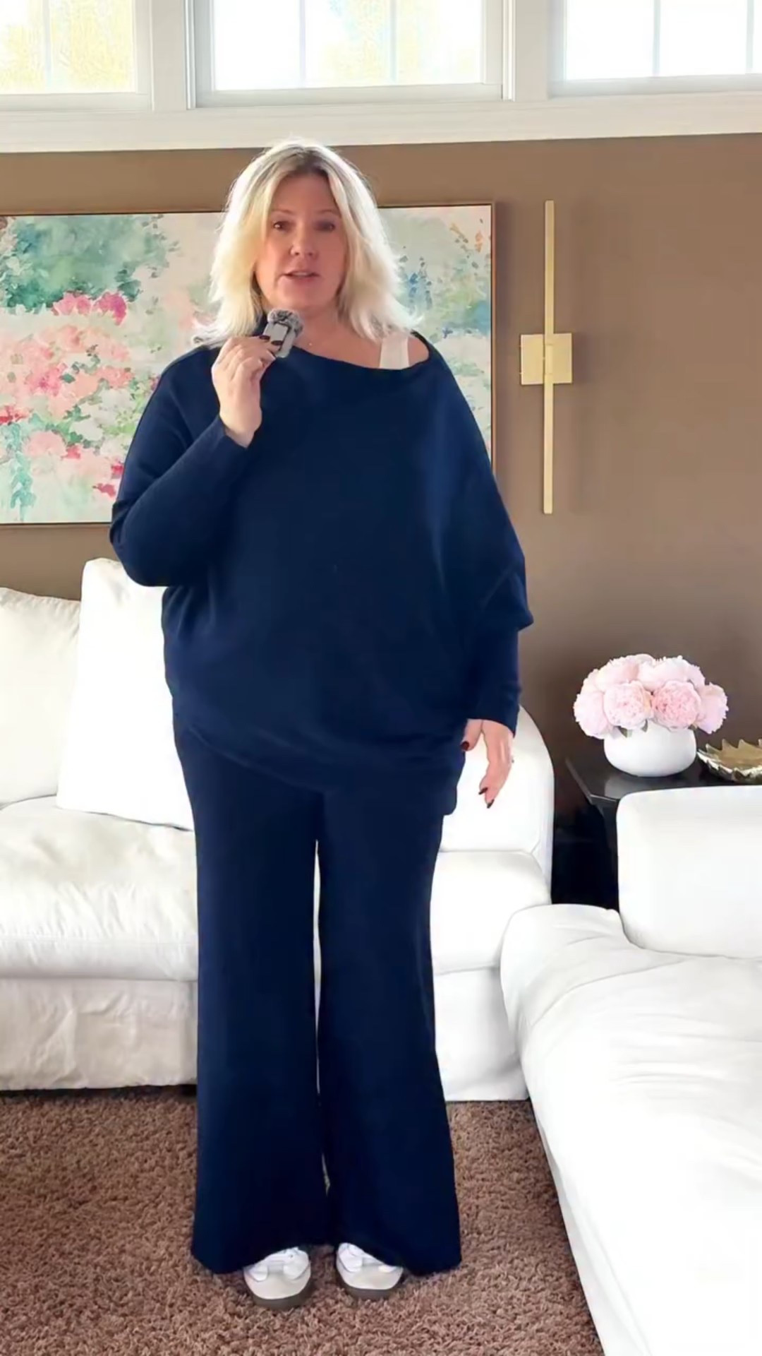 This stretchy asymmetrical knit set is from @jaki & this is year 2!  Wearing it today to fly home ✈️My shoes are white & navy @adidas #midsizefashion #curvyfashion #curvy #midsizestyle