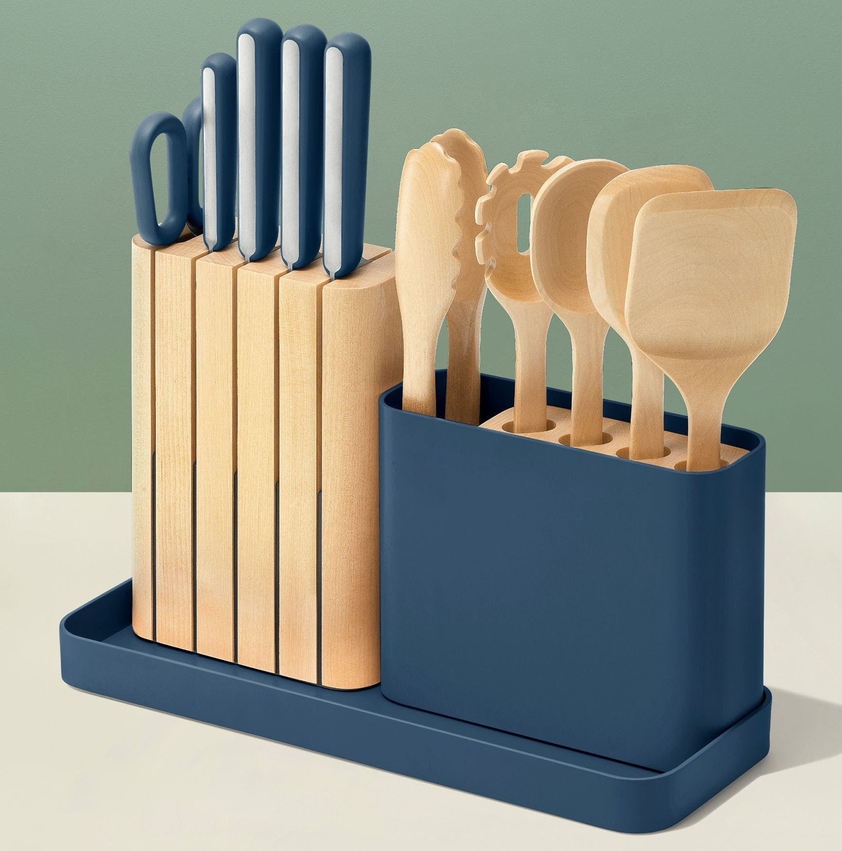 14 Piece Knife & Utensil Set W/ Storage In Navy | Premium German Stainless Steel Knives | Non-Toxic, Non-Stick, Natural Wood, Heat Resistant Utensils | Caraway | Caraway